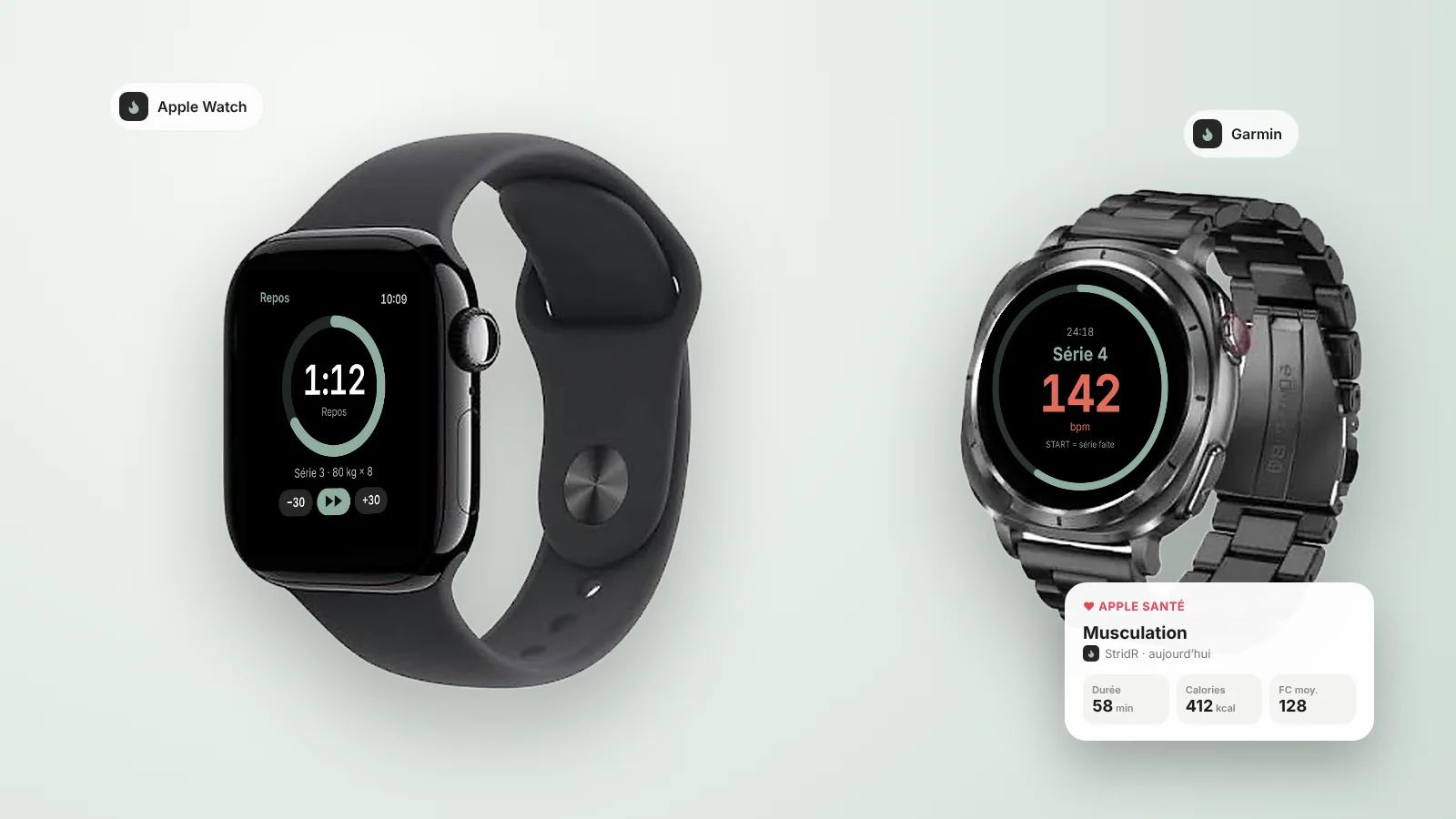 StridR on Apple Watch and on a Garmin watch